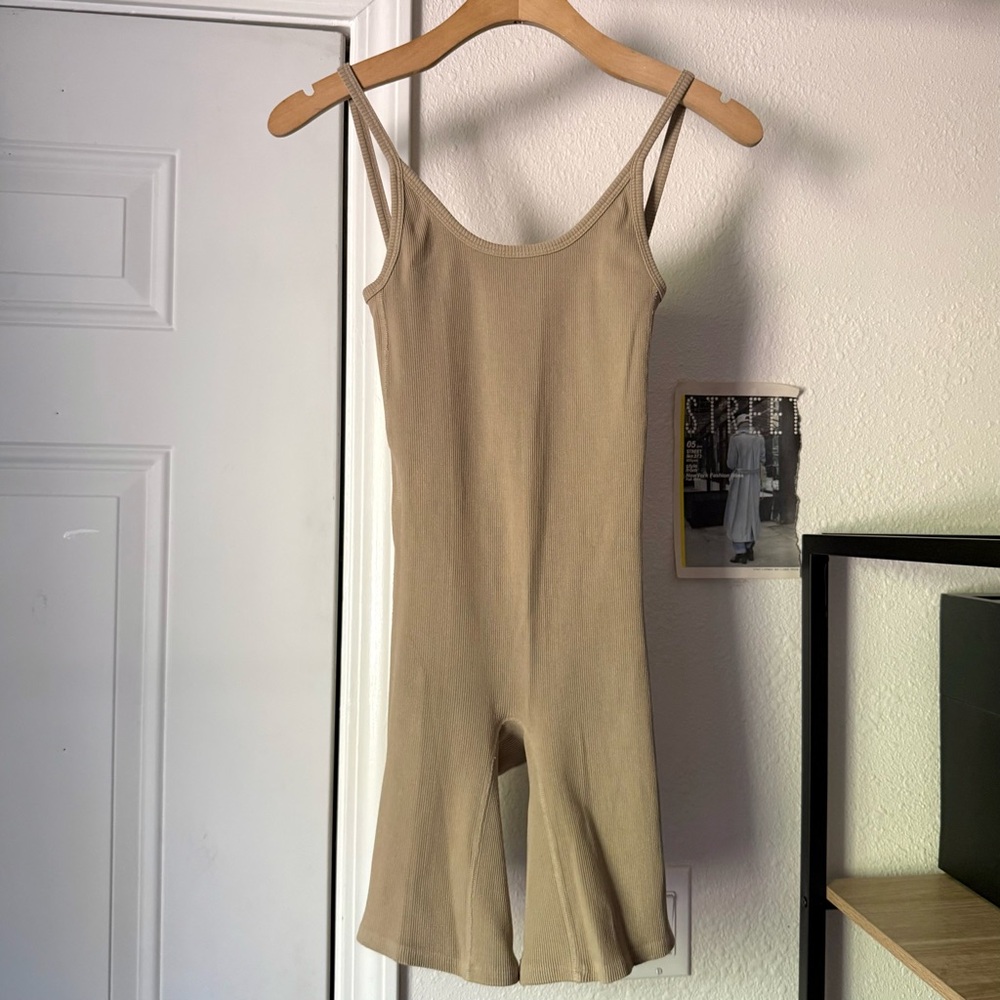 ARQ tan organic cotton garment dyed rib ribbed stretch sleeveless‎ romper